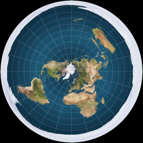 This is one conception of a flat earth.  The white around the edges is an ice wall that prevents people from falling off.  (click for credit)