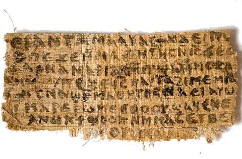 A papyrus fragment that contains the phrase, "Jesus said to them, 'my wife...'."  It and its sister document (a papyrus fragment that contains some of the Gospel of John) are almost certainly forgeries.  (click for credit)