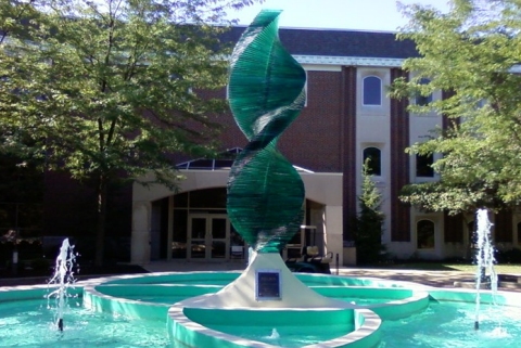 The Helios fountain (designed by  Arlon Bayliss), which sits outside of Hartung Hall (the science building) at Anderson University.  The statue is meant to represent DNA.