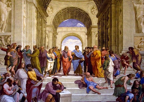 This painting by the Italian Renaissance artist Raphael is called The School of Athens.  Plato and Aristotle are at the center.