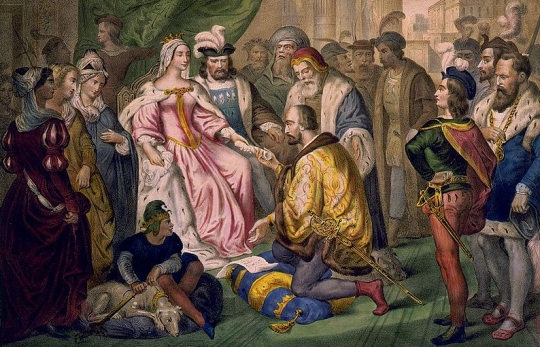 This painting depicts Christopher Columbus kneeling in front of Queen Isabella.