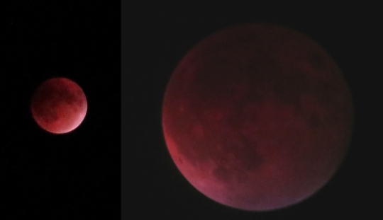 The moon during the recent eclipse as seen by a camera (left) and through a telescope (right).  [click for a larger image]