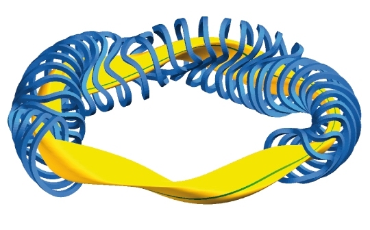 This illustration shows the coil system (blue) and plasma (yellow) design in the Wendelstein 7-X stellarator fusion reactor. (click for credit)