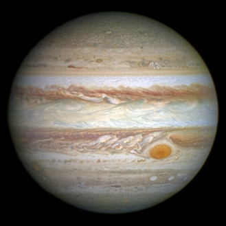 An image of Jupiter as captured by the Hubble Space Telescope.