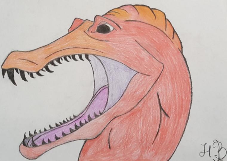 A spinosaurus drawn by Hayley, a Texas student who has used my courses.