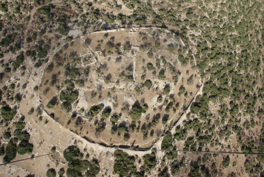 An aerial view of Khirbat Qeiyafa, which is most likely the Biblical city of Shaaraim. (click for credit)